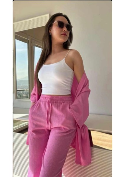 Pembe Gofre Kimono ve Pantolon Ikili Takım