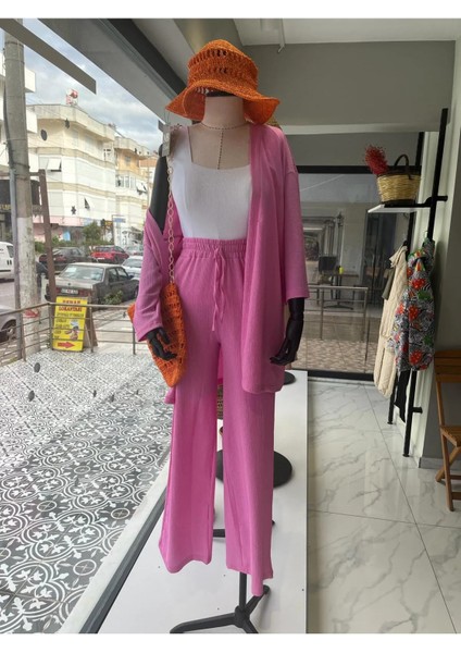 Pembe Gofre Kimono ve Pantolon Ikili Takım