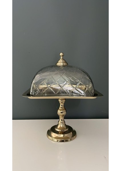 Kare Ayaklı Cam Kapaklı Kek Standı Gold 24X24X35 cm