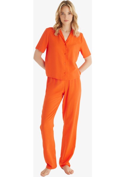 Kadın Premium Ekovero Kısa Kol Önden Düğmeli Mercan Pijama Takımı C3T3N5O06