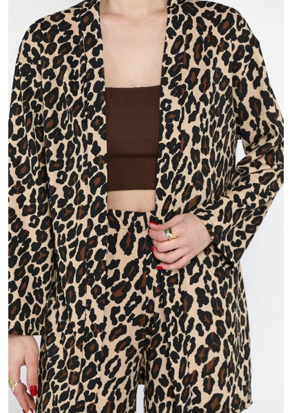 Kadın Leopar Desenli Kimono Pantolon Ikili Takım fırsatları