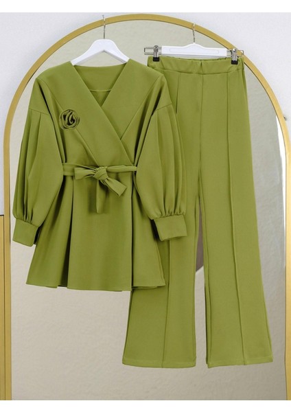 Beli Kuşaklı Çapraz Yaka Balon Kol Takım Duble Kumaş