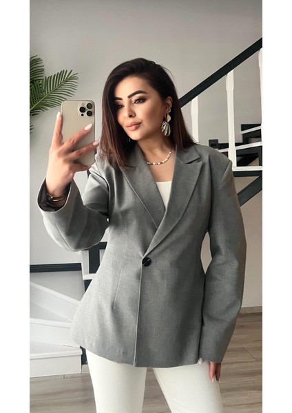 Gri Volanlı Bel Oturtmalı Blazer Ceket