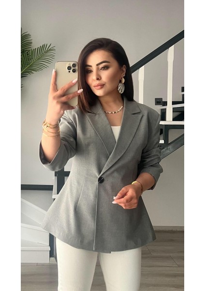 Gri Volanlı Bel Oturtmalı Blazer Ceket