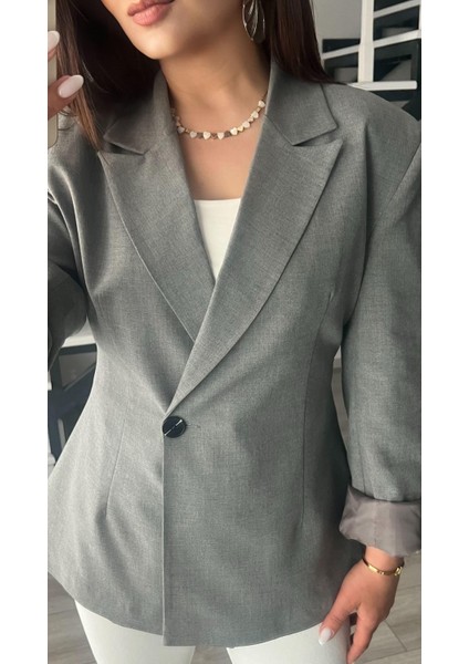 Gri Volanlı Bel Oturtmalı Blazer Ceket