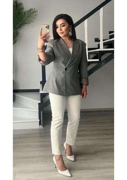 Gri Volanlı Bel Oturtmalı Blazer Ceket
