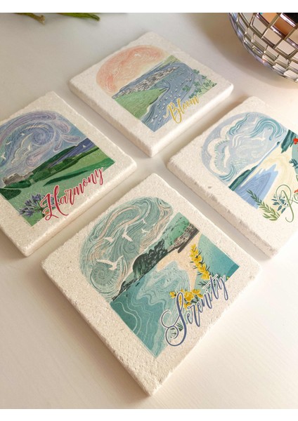 Manzaralı Yazı Baskılı Doğal Taş Bardak Altlığı 4’lü Set