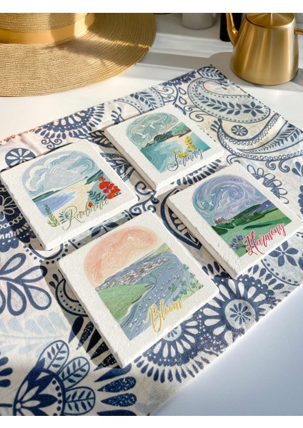 Manzaralı Yazı Baskılı Doğal Taş Bardak Altlığı 4’lü Set fiyatları
