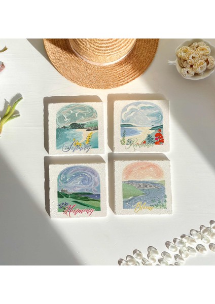 Manzaralı Yazı Baskılı Doğal Taş Bardak Altlığı 4’lü Set modelleri