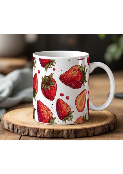 Çilekler Tasarımlı Beyaz Seramik Baskılı Kupa Bardak 330 ml