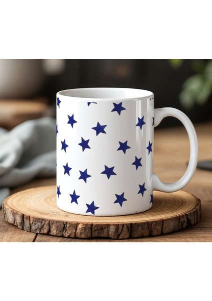 Mavi Yıldız Tasarımlı Beyaz Seramik Baskılı Kupa Bardak 330 ml