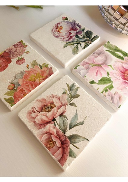 Pembe Şakayık Çiçek Desenli Doğal Taş Bardak Altlığı 4’lü Set Sunum