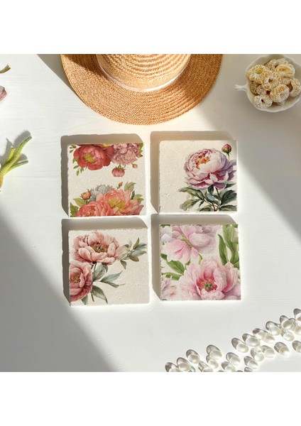 Pembe Şakayık Çiçek Desenli Doğal Taş Bardak Altlığı 4’lü Set Sunum modelleri