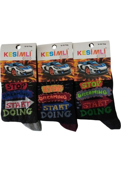 Erkek Çocuk Çorap 9-10 Yaş 3'lü Set-Kesimli Kids Socks
