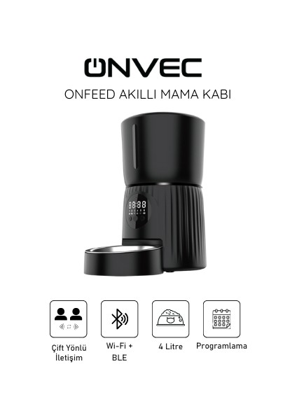 OnFeed Siyah Akıllı Mama Kabı – 4L Kapasiteli, Alexa ve Google Home Uyumlu