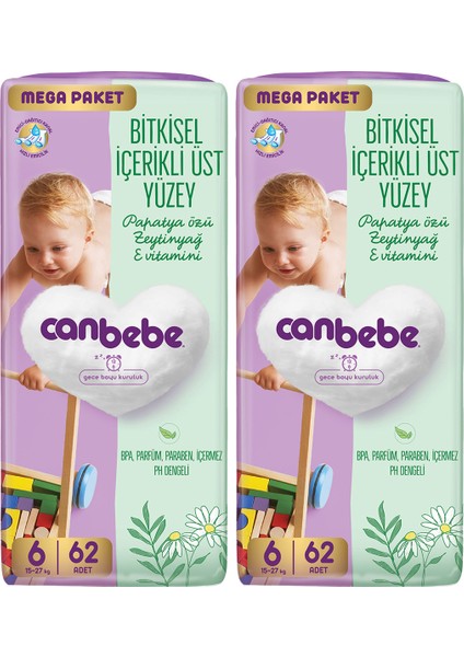 Bebek Bezi Mega Paket 6 Beden Xl (15-27kg) 62 Li x 2 Adet