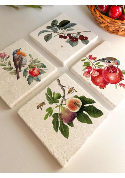 Kuş, Meyve ve Çiçek Desenli Doğal Taş Bardak Altlığı 4’lü Set Sunum