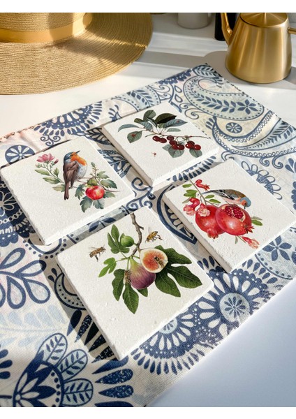 Kuş, Meyve ve Çiçek Desenli Doğal Taş Bardak Altlığı 4’lü Set Sunum fiyatları