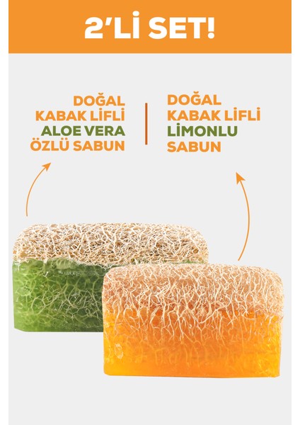 2'li Doğal Kabak Lifli Aloe Vera - Limon Sabunu 130G - Ferahlatıcı & Nemlendirici Peeling