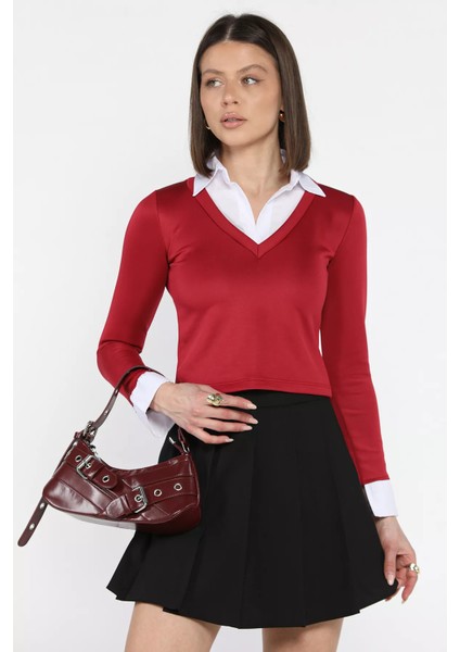 Kadın Gömlek Garnili Crop Bluz