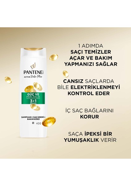 Güç ve Parlaklık 3'ü 1 Arada Şampuan 400 ml x 3 Adet indirimleri