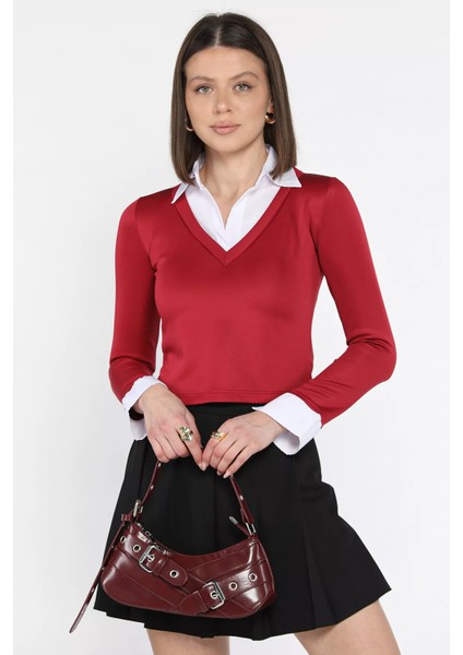 Kadın Gömlek Garnili Crop Bluz