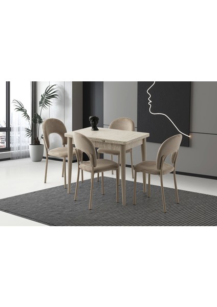 Ahşap Salon Yemek Masa Sandalye Takımı 4 Cappicino Sandalyeli Yandan Açılır Büyüyen Sidon 80 x 120 cm
