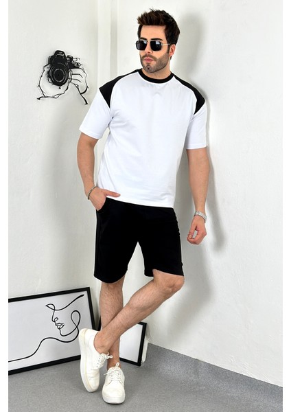 Unisex Oversize Beyaz Omzu Siyah T-Shirt
