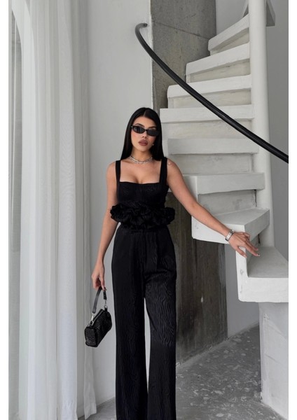 Jakarlı Bluzu Tasarım Detaylı Ceket-Pantolon-Bluz 3 Lü Takım - Siyah