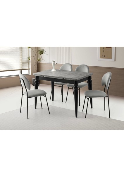 Ahşap Salon Yemek Masa Sandalye Takımı 4 Suna Sandalyeli Yandan Açılır Büyüyen Gümüş Gri 80 x 120 cm