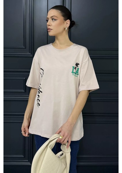 Baskılı Bisiklet Yaka Kadın Tişört