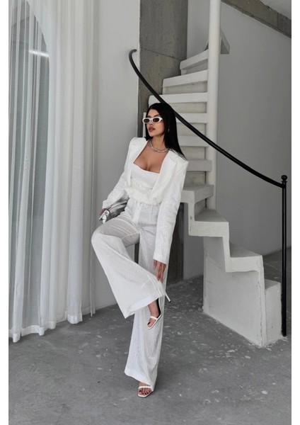 Jakarlı Bluzu Tasarım Detaylı Ceket-Pantolon-Bluz 3 Lü Takım - Beyaz