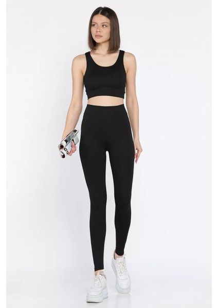 Kadın Kalın Askılı Fitilli Crop Yüksek Bel Sporcu Tayt Ikili Takım