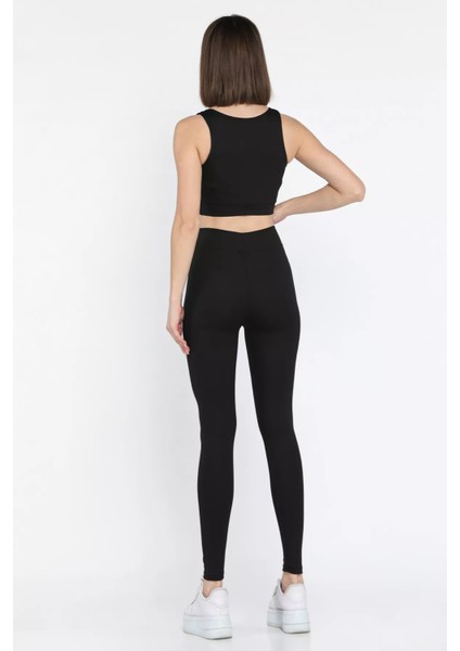 Kadın Kalın Askılı Fitilli Crop Yüksek Bel Sporcu Tayt Ikili Takım