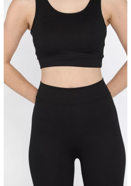 Kadın Kalın Askılı Fitilli Crop Yüksek Bel Sporcu Tayt Ikili Takım