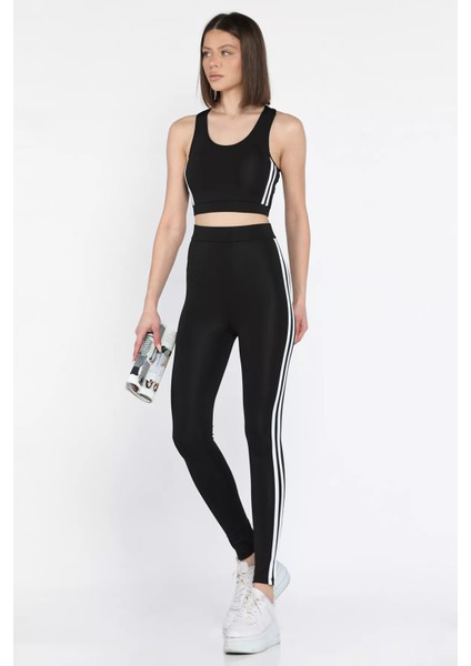 Kadın Şerit Detaylı Yüksek Bel Sporcu Tayt Crop Büstiyer Ikili Takım