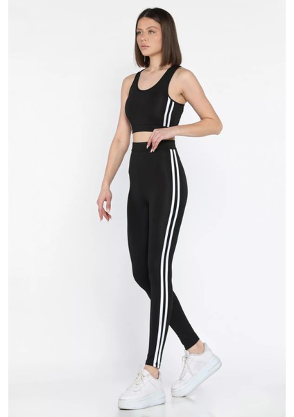 Kadın Şerit Detaylı Yüksek Bel Sporcu Tayt Crop Büstiyer Ikili Takım