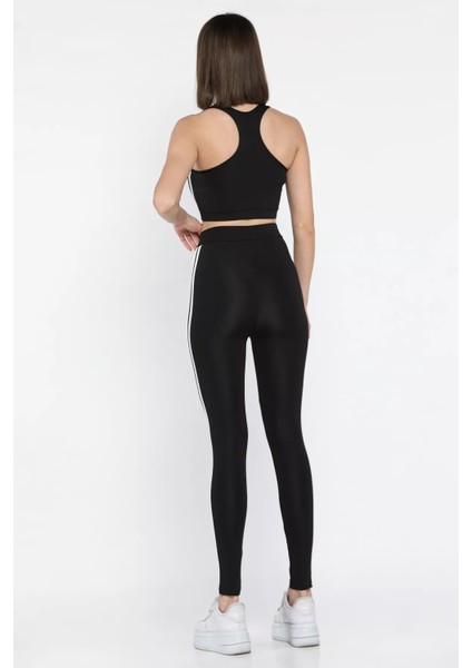 Kadın Şerit Detaylı Yüksek Bel Sporcu Tayt Crop Büstiyer Ikili Takım