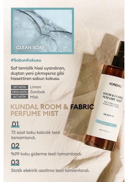 Oda ve Kumaş Kokusu Kundal Room & Fabric Perfume Mist (Clean Soap) 300 ml fiyatları