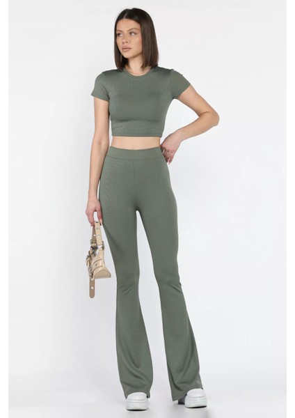 Kadın Ispayol Paça Tayt Crop Fitilli Ikili Takım