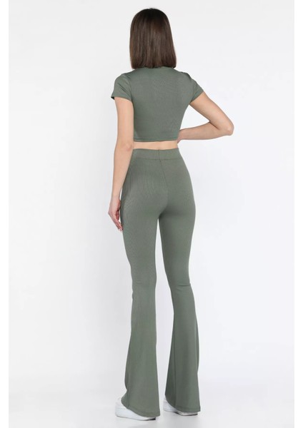 Kadın Ispayol Paça Tayt Crop Fitilli Ikili Takım