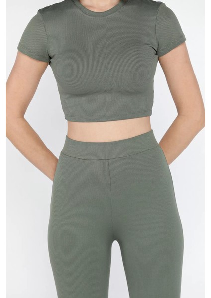 Kadın Ispayol Paça Tayt Crop Fitilli Ikili Takım