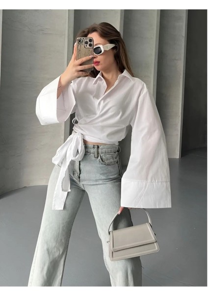 Pırıl Beyaz Geniş Kol Yandan Bağlamalı Trend Gömlek PIRIL-3779