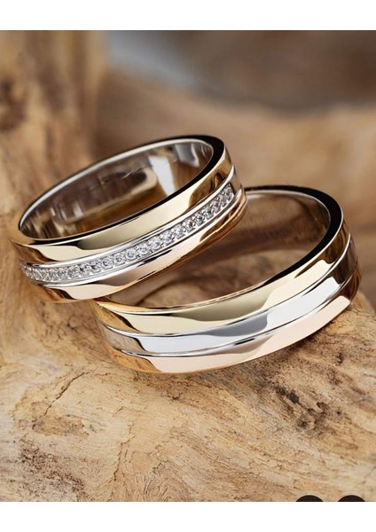 Bay 925 Ayar Gümüş 6 mm 14 Ayar Altın ve Rodyum Kaplamalı Alyans
