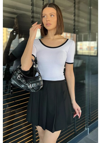 Kadın Şerit Detaylı Basic Crop Top Bluz
