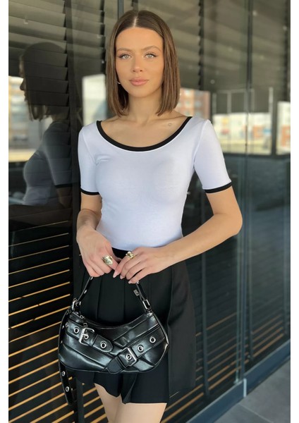 Kadın Şerit Detaylı Basic Crop Top Bluz