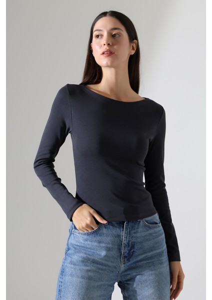 Uzun Kollu Kayık Yaka Vücudu Saran Basic Kadın Body T-Shirt 21897 Bordo