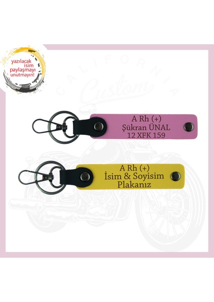Sarı-Pembe, Motosiklet Severlere Özel, İsim Plaka ve A Rh (+) Kan Grubu Yazılı Acil Durum 2'li Anahtarlık