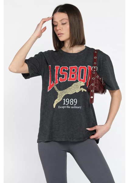 Kadın Ön Baskılı Bisiklet Yaka Tişört