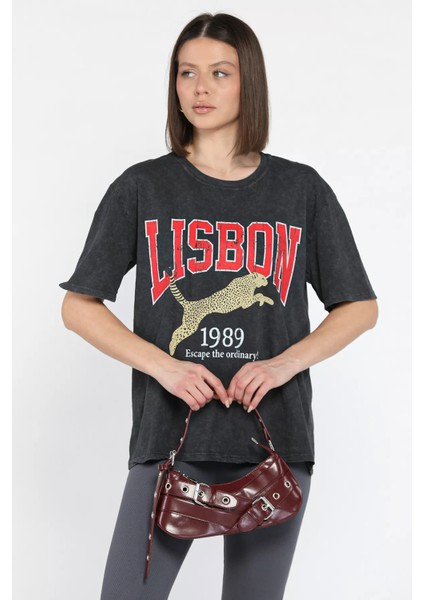 Kadın Ön Baskılı Bisiklet Yaka Tişört fiyatları